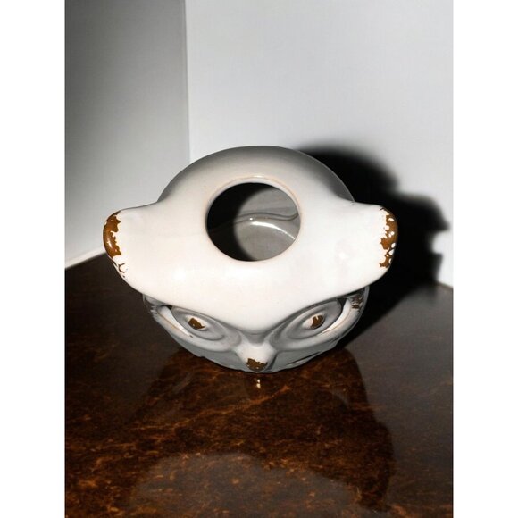 Vintage Ceramic Owl Candle Holder With Distressed Brown & White Finish - Picture 6 of 11